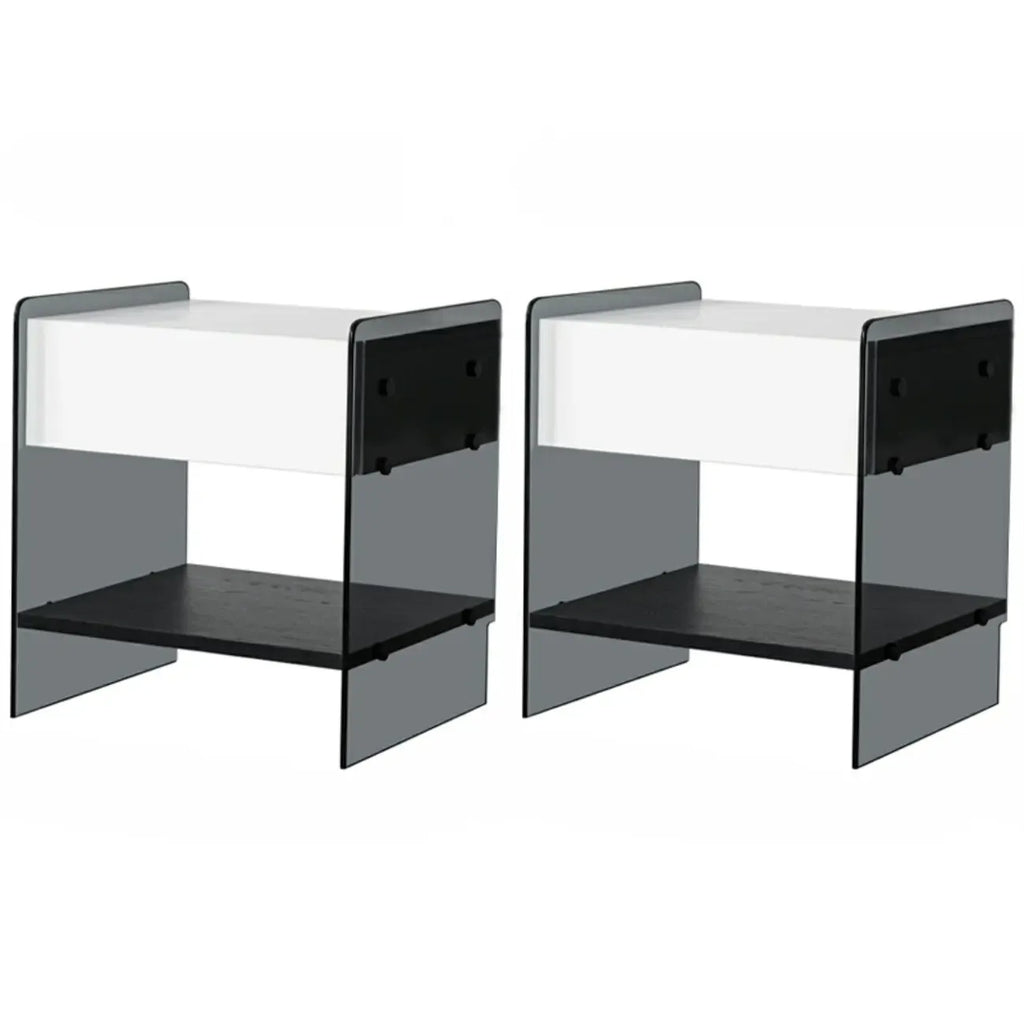 Black 2-Tier Glass Shelf Drawer Storage Narrow Nightstand