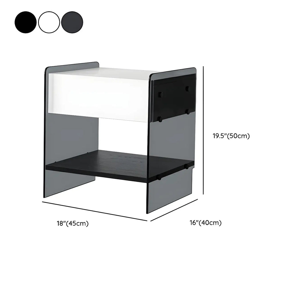 Black 2-Tier Glass Shelf Drawer Storage Narrow Nightstand