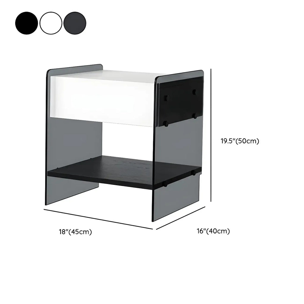 Black 2-Tier Glass Shelf Drawer Storage Narrow Nightstand