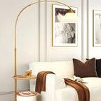 71Wooden Arc Floor Lamp with Storage Shelf for Living Room