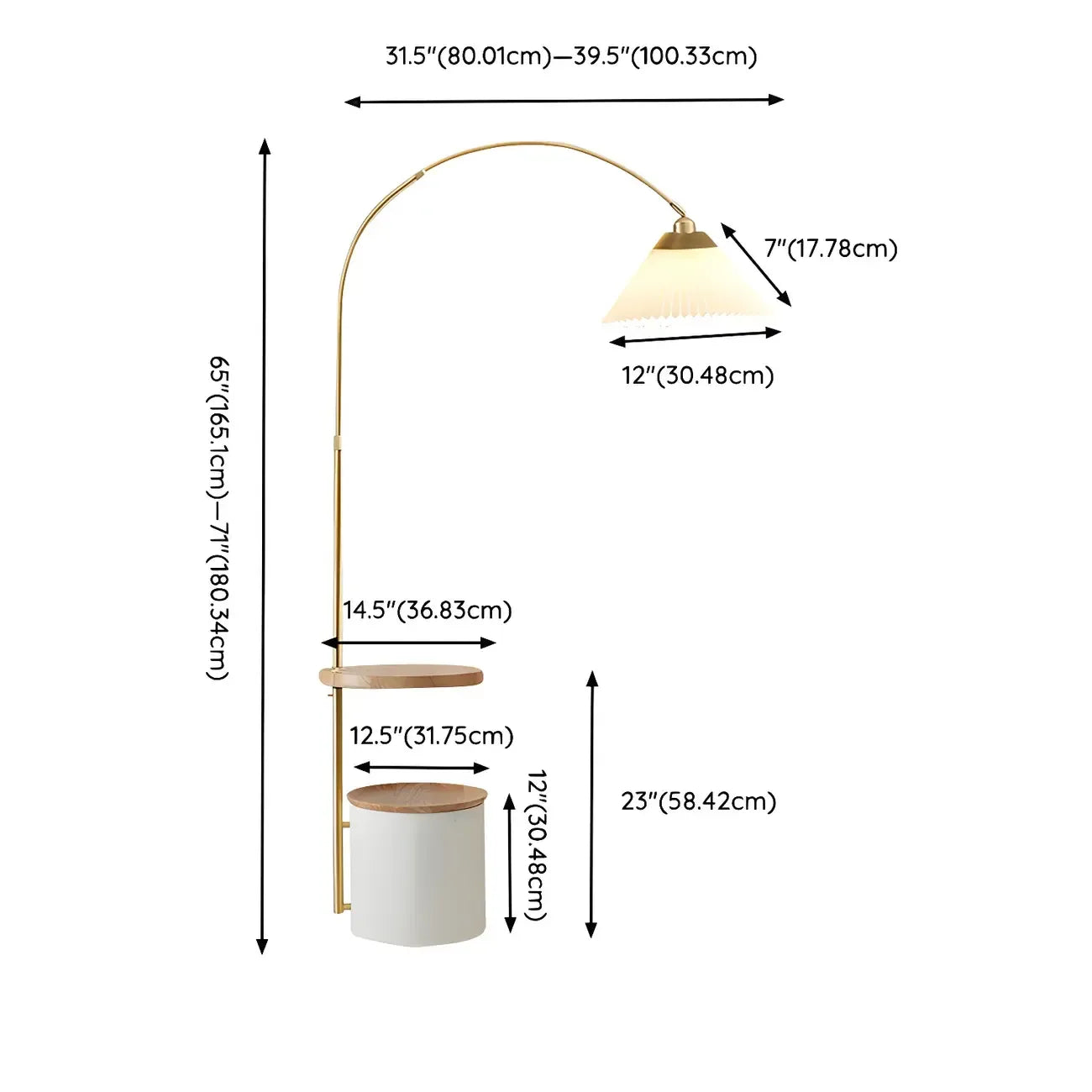 71Wooden Arc Floor Lamp with Storage Shelf for Living Room
