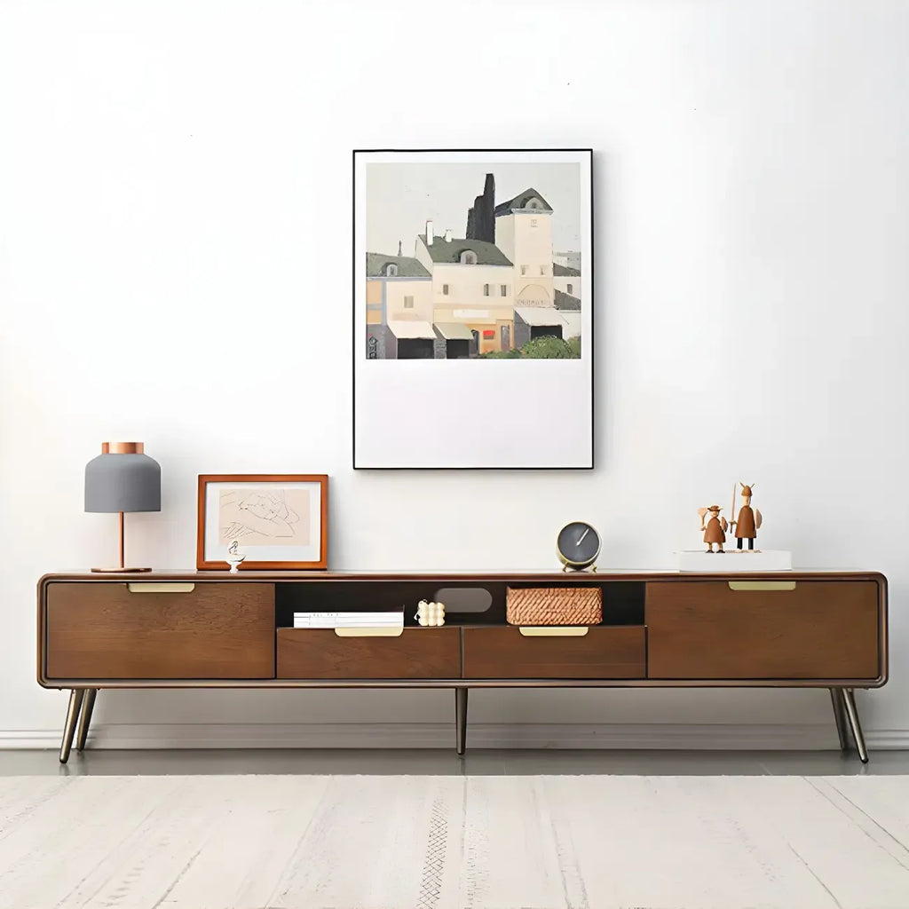 79 Nordic Brown Wood Open Storage Cabinet TV Stand with Legs