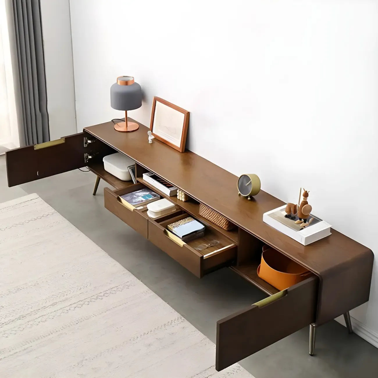 79 Nordic Brown Wood Open Storage Cabinet TV Stand with Legs