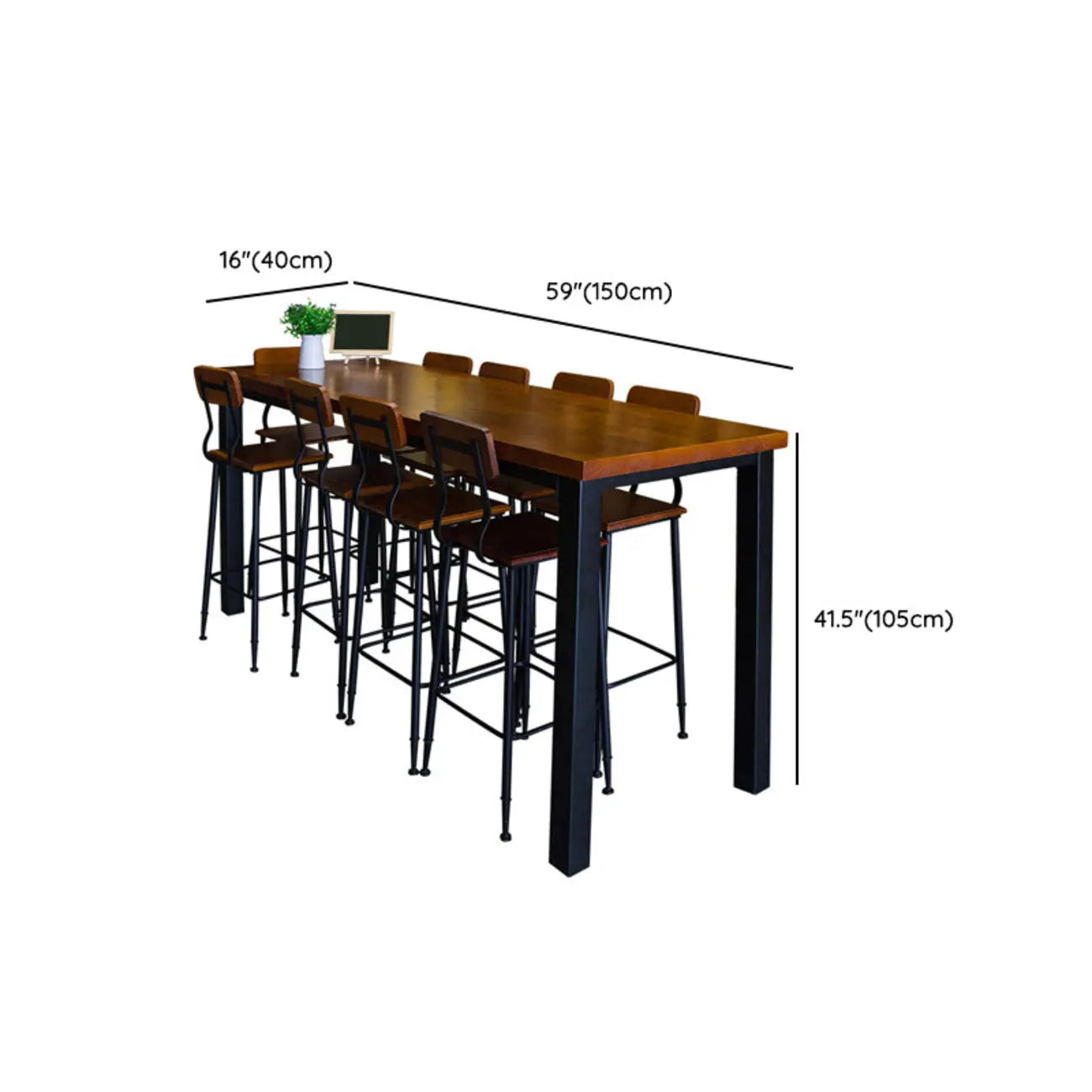 Industrial Brown Wood Black Iron 4-Leg Rectangular Bar Tables