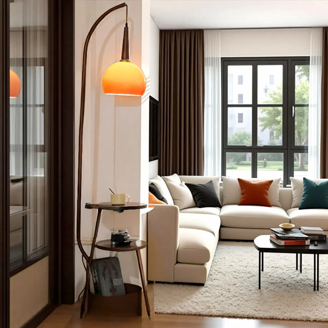 Orange Arc Standing Dome Floor Lamp with Side Table Dimmable