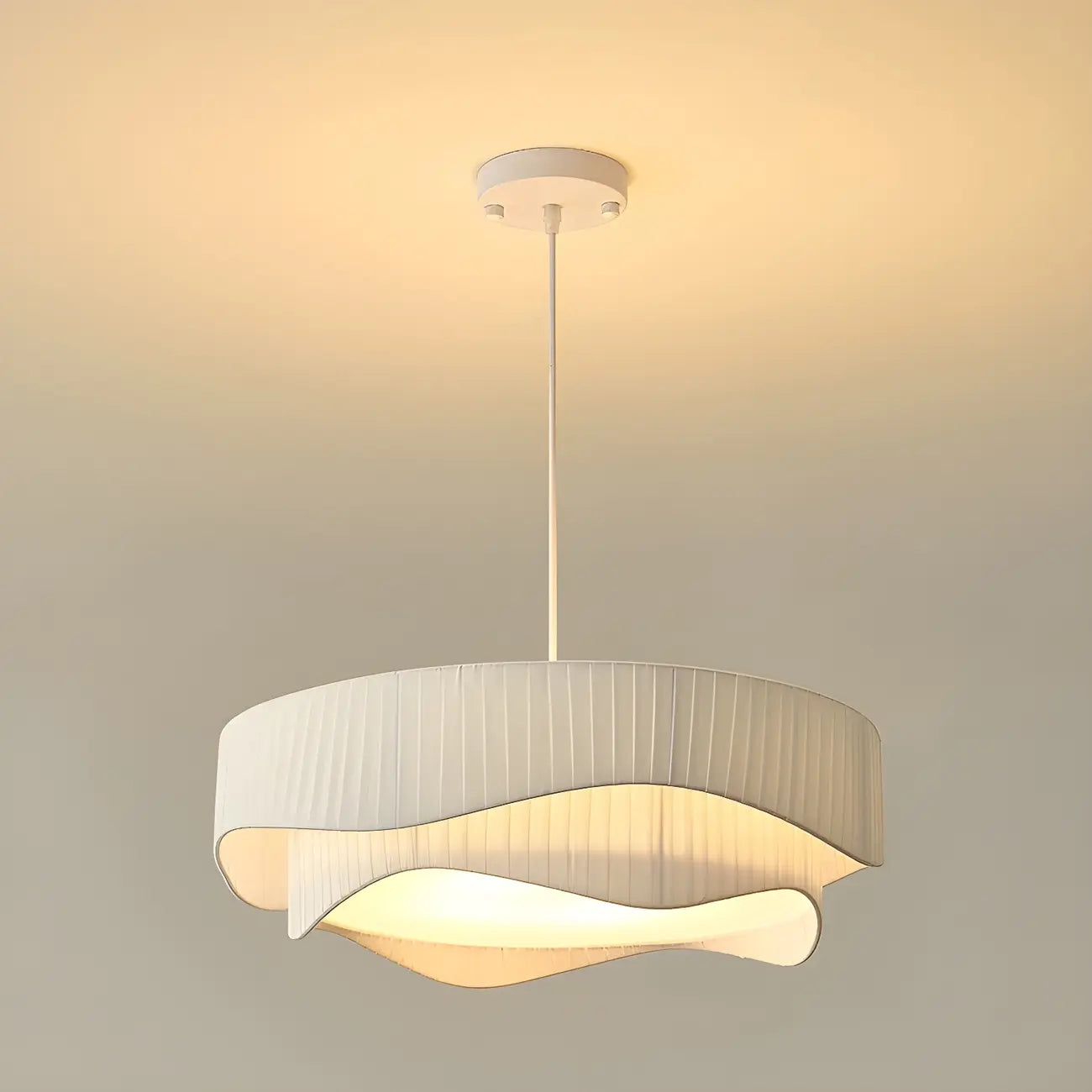 Modern White Tier Fabric Drum Chandelier with Adjustable Height