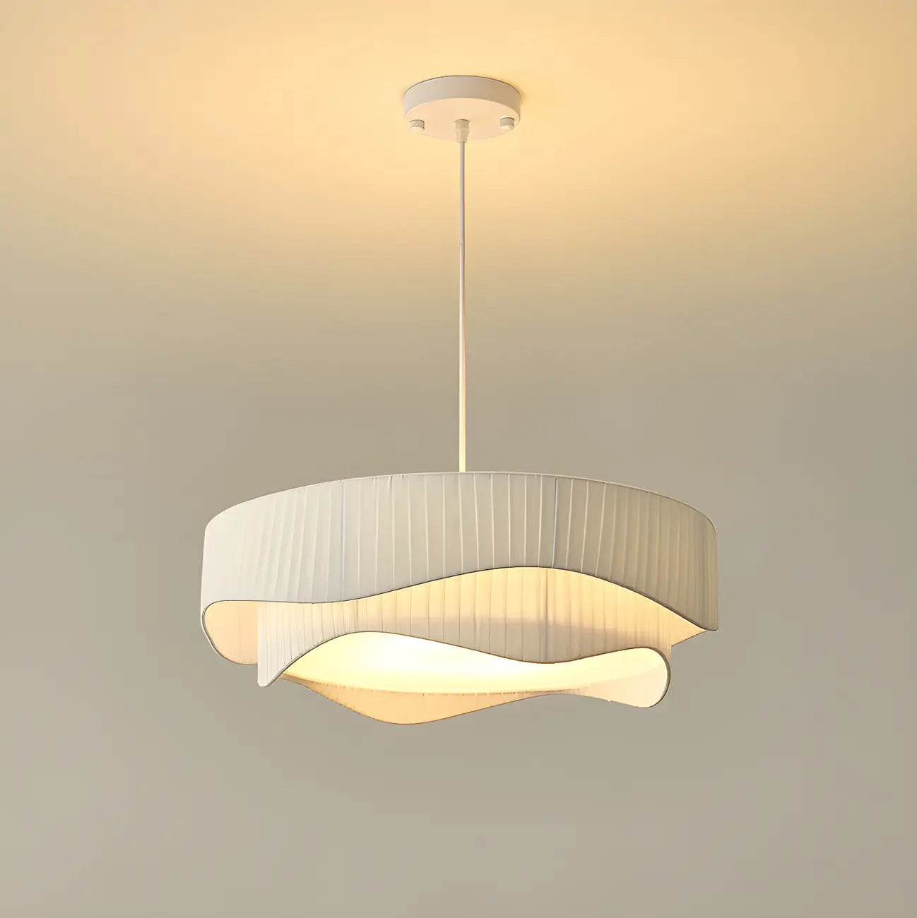 Modern White Tier Fabric Drum Chandelier with Adjustable Height