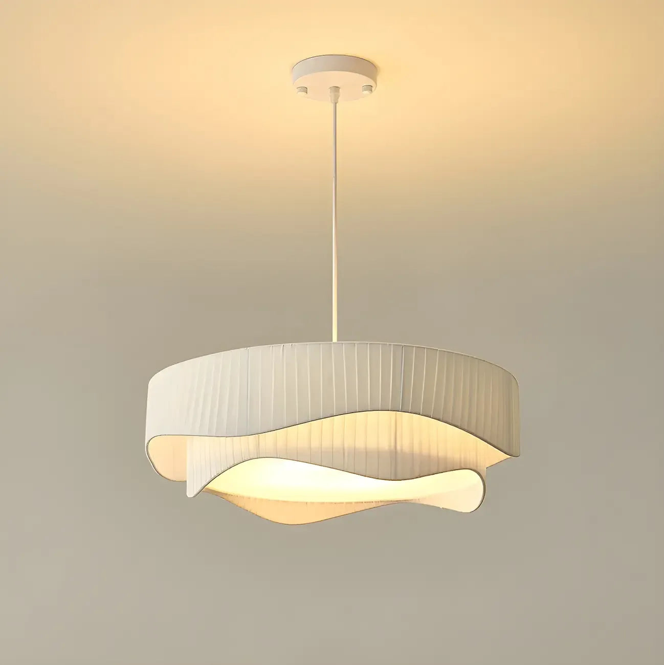 Modern White Tier Fabric Drum Chandelier with Adjustable Height