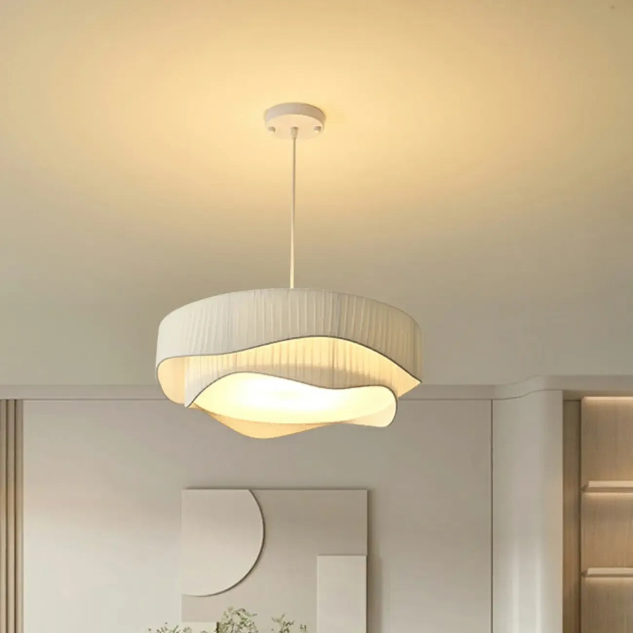 Modern White Tier Fabric Drum Chandelier with Adjustable Height