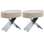 Contemporary Beige Leather Oval X-Base Drawer Nightstand