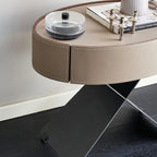Contemporary Beige Leather Oval X-Base Drawer Nightstand