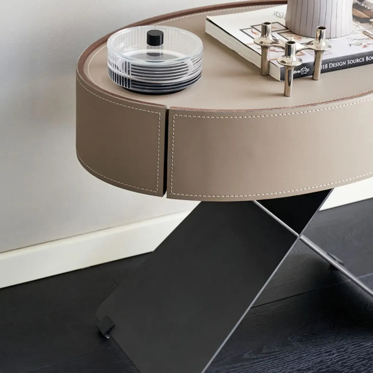 Contemporary Beige Leather Oval X-Base Drawer Nightstand