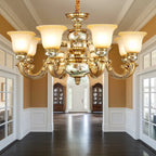 Antique Gold Ceramic Chandelier with Frosted Glass Bell Shape