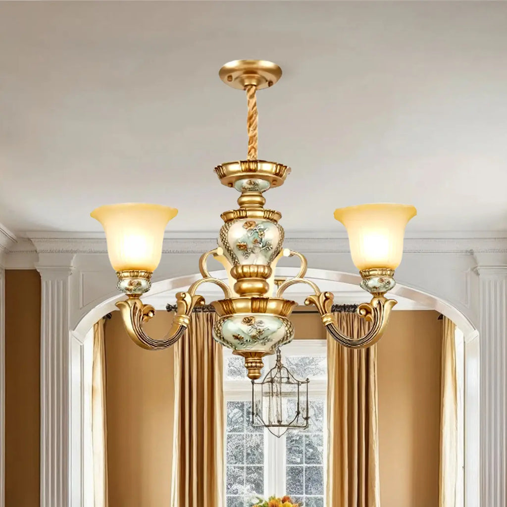 Antique Gold Ceramic Chandelier with Frosted Glass Bell Shape