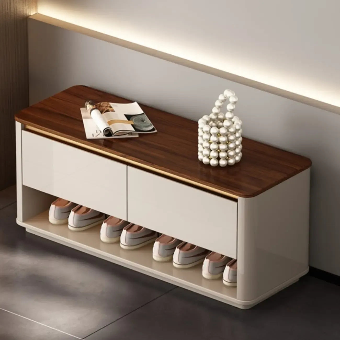 2-Drawer Brown Wooden Entryway Bench with Shoe Storage