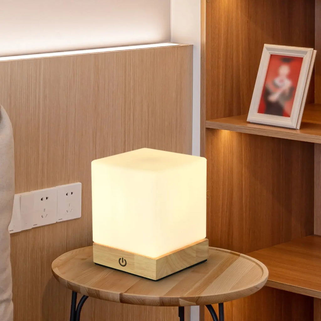 Natural Wood LED Square Glass Shade Cordless Table Lamp