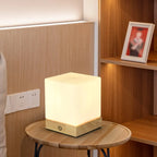 Natural Wood LED Square Glass Shade Cordless Table Lamp