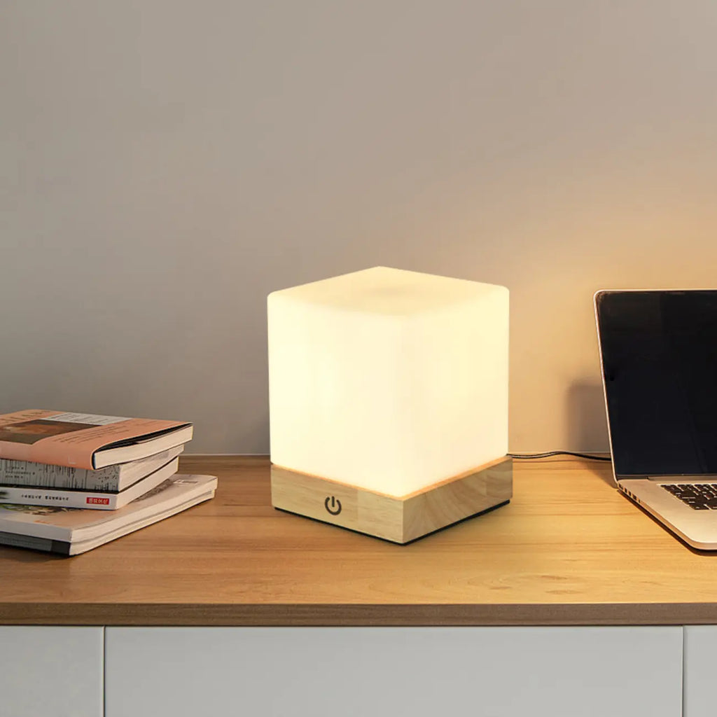 Natural Wood LED Square Glass Shade Cordless Table Lamp