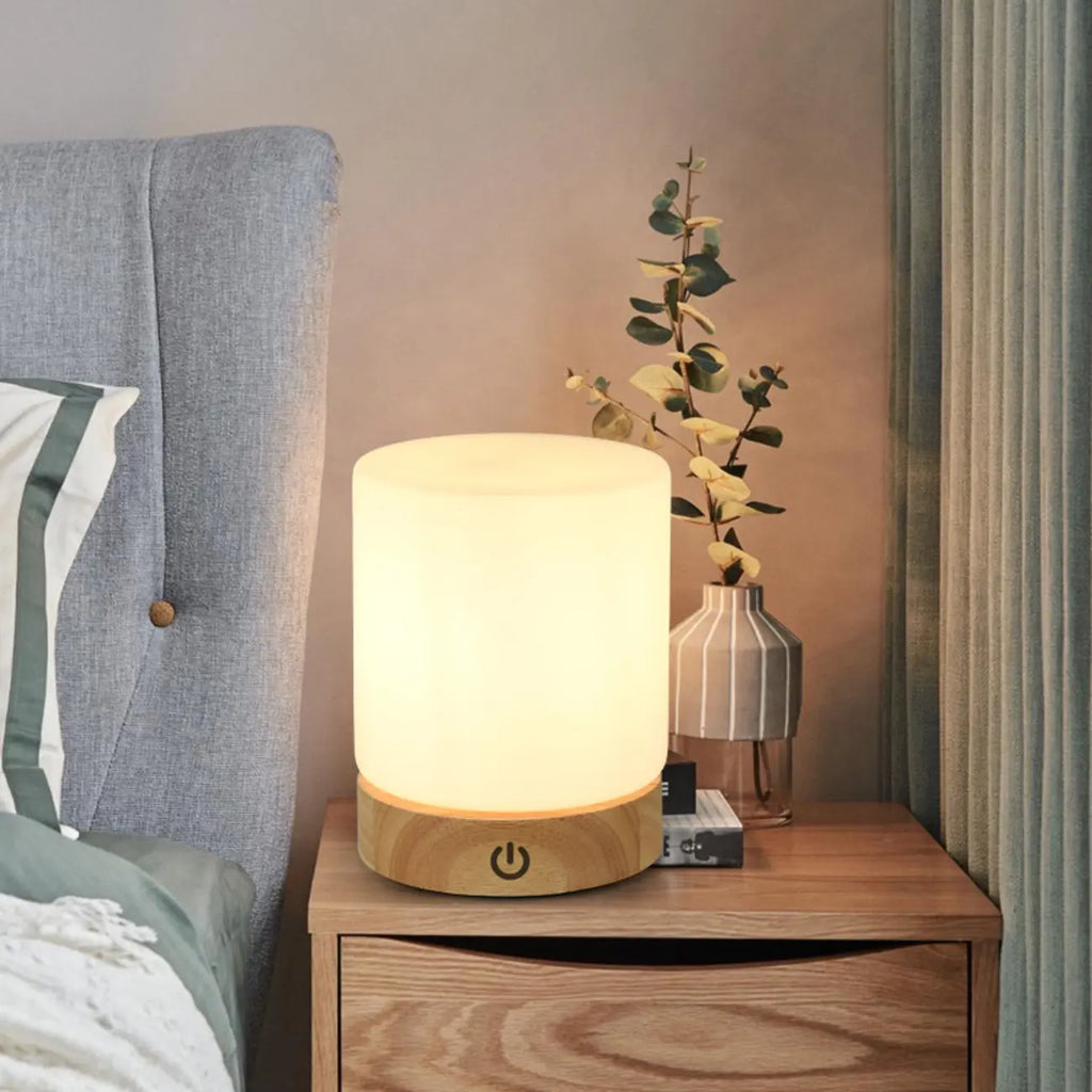 Natural Wood LED Square Glass Shade Cordless Table Lamp