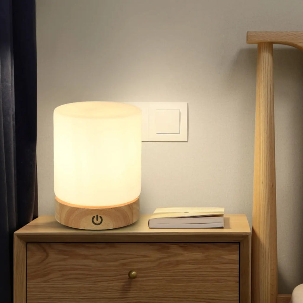 Natural Wood LED Square Glass Shade Cordless Table Lamp