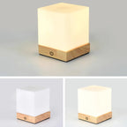 Natural Wood LED Square Glass Shade Cordless Table Lamp