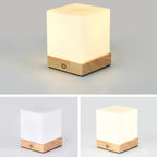 Natural Wood LED Square Glass Shade Cordless Table Lamp