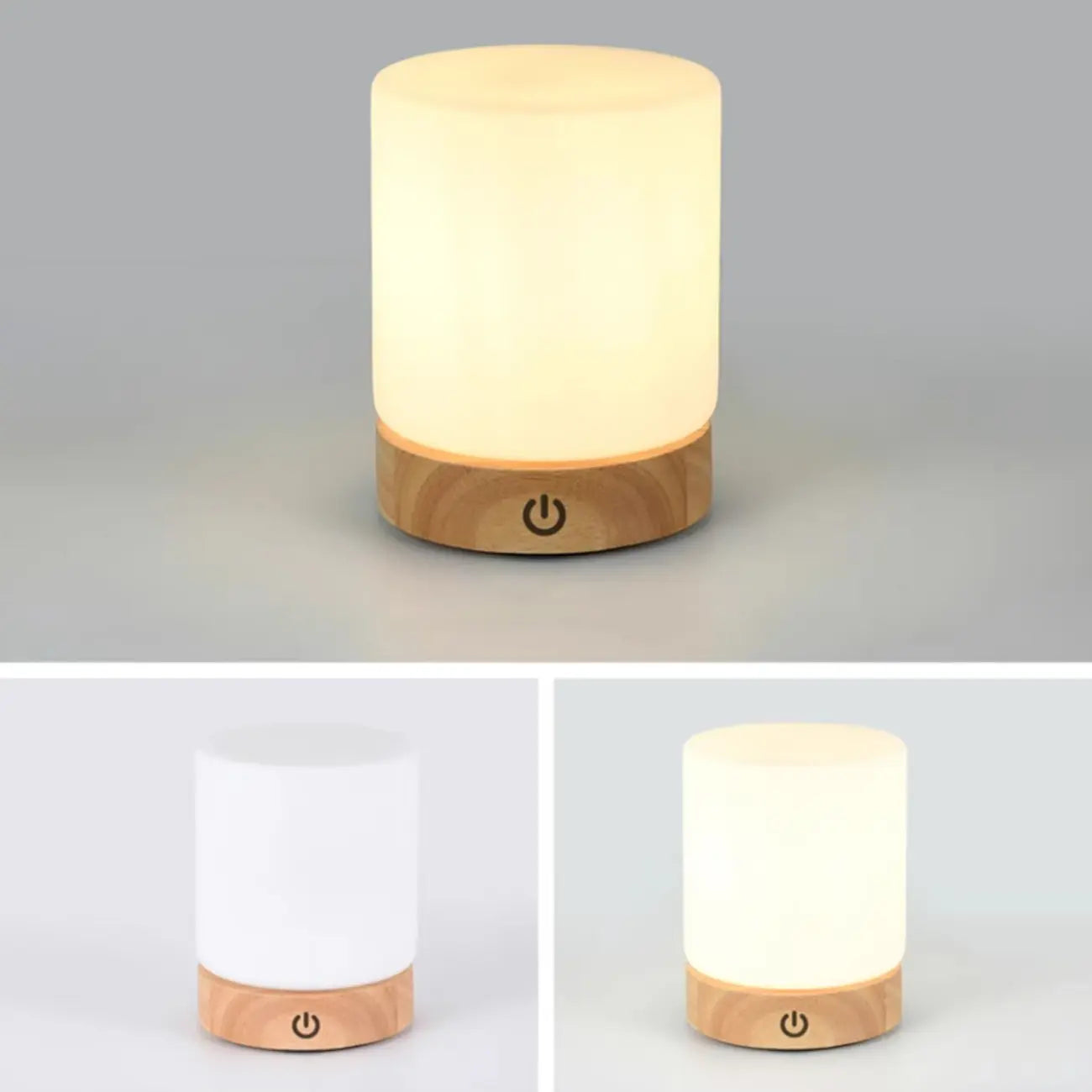 Natural Wood LED Square Glass Shade Cordless Table Lamp