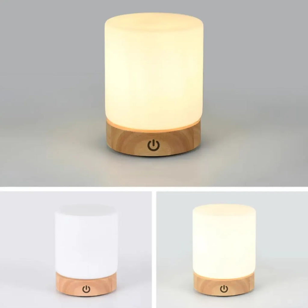 Natural Wood LED Square Glass Shade Cordless Table Lamp