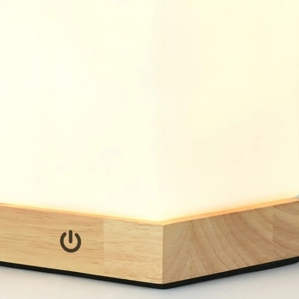 Natural Wood LED Square Glass Shade Cordless Table Lamp