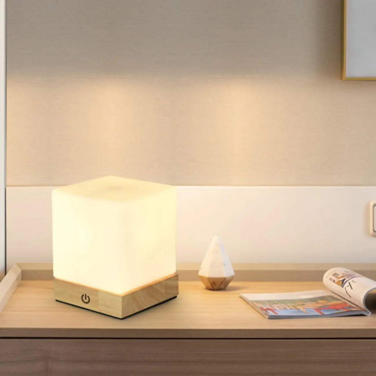 Natural Wood LED Square Glass Shade Cordless Table Lamp