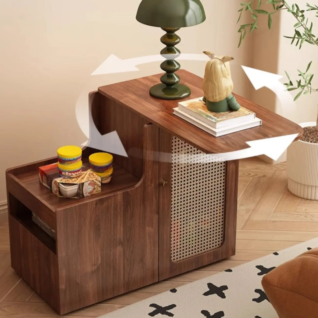 Rotating Brown Wood Rectangle Wheeled Side Table with Drawer
