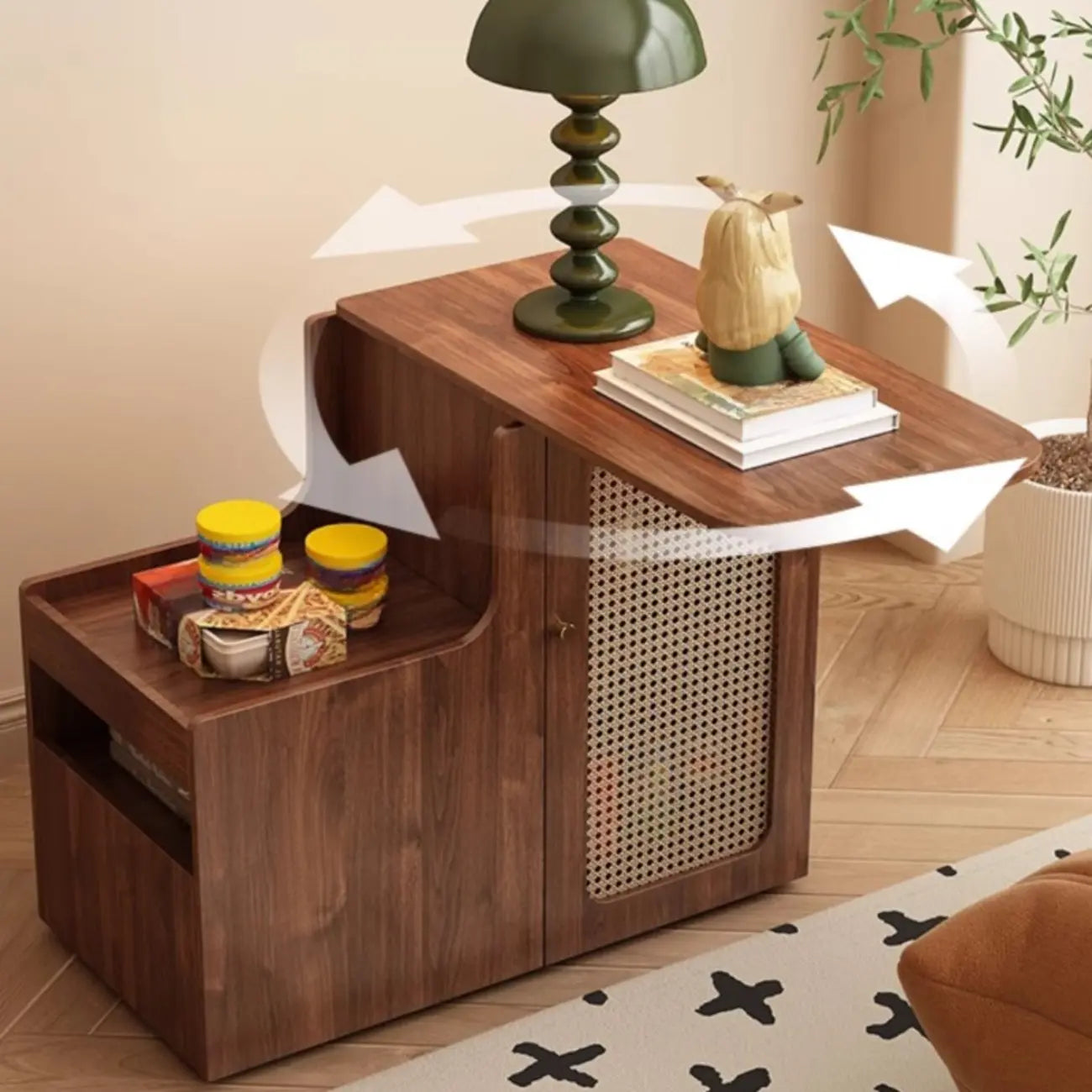Rotating Brown Wood Rectangle Wheeled Side Table with Drawer