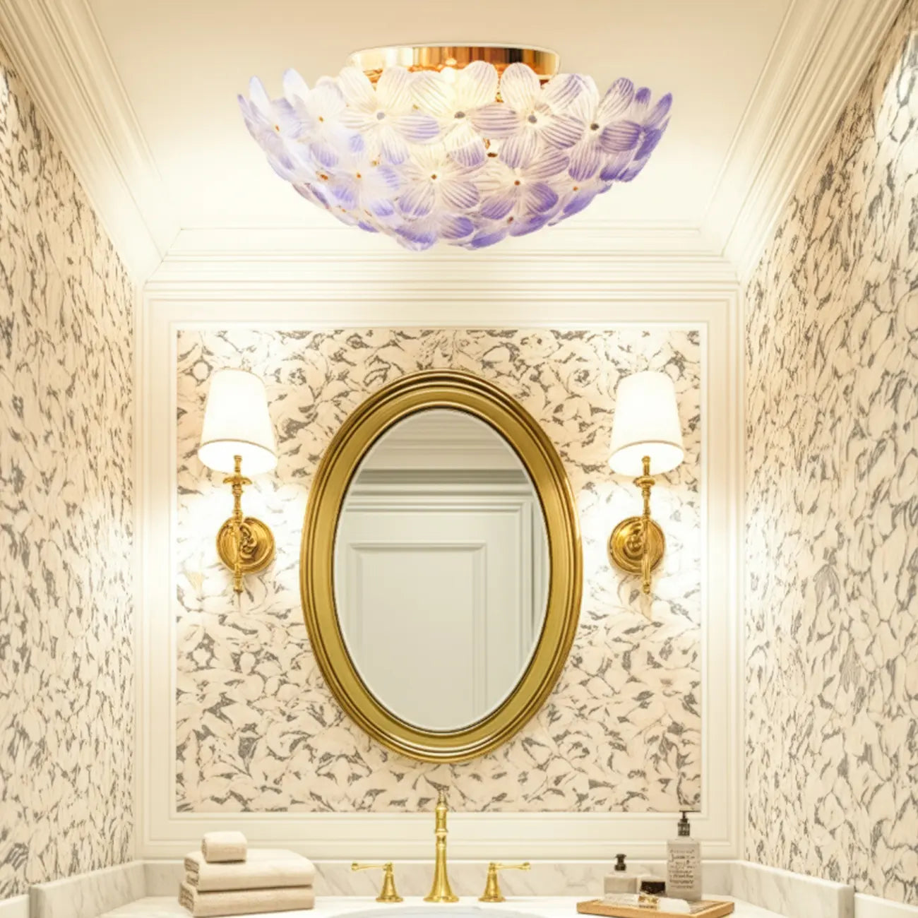 Elegant Floral Glass Dome Semi Flush Ceiling Light