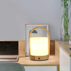 Natural Wood Barrel Glass Shade Cordless Table Lamp