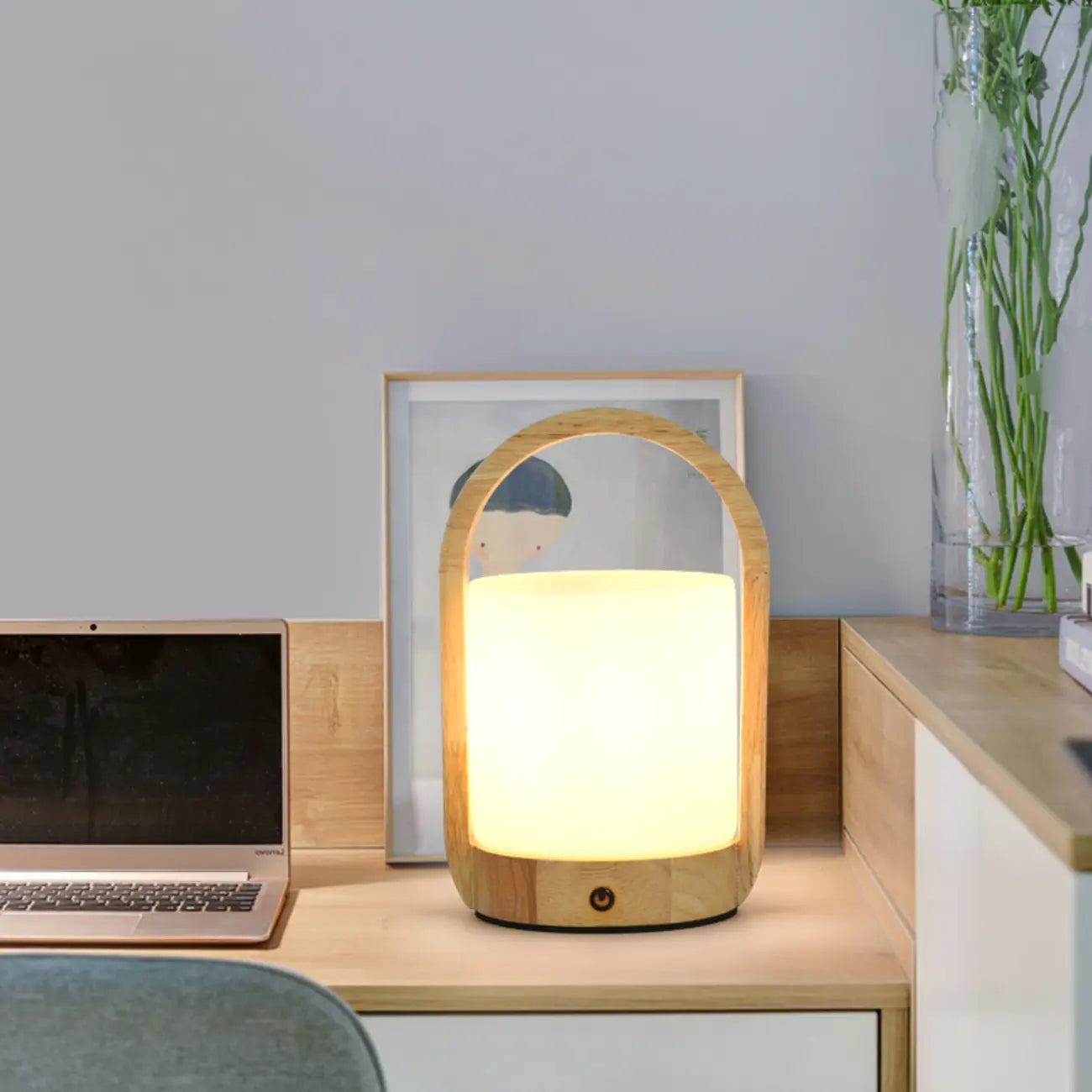 Natural Wood Barrel Glass Shade Cordless Table Lamp