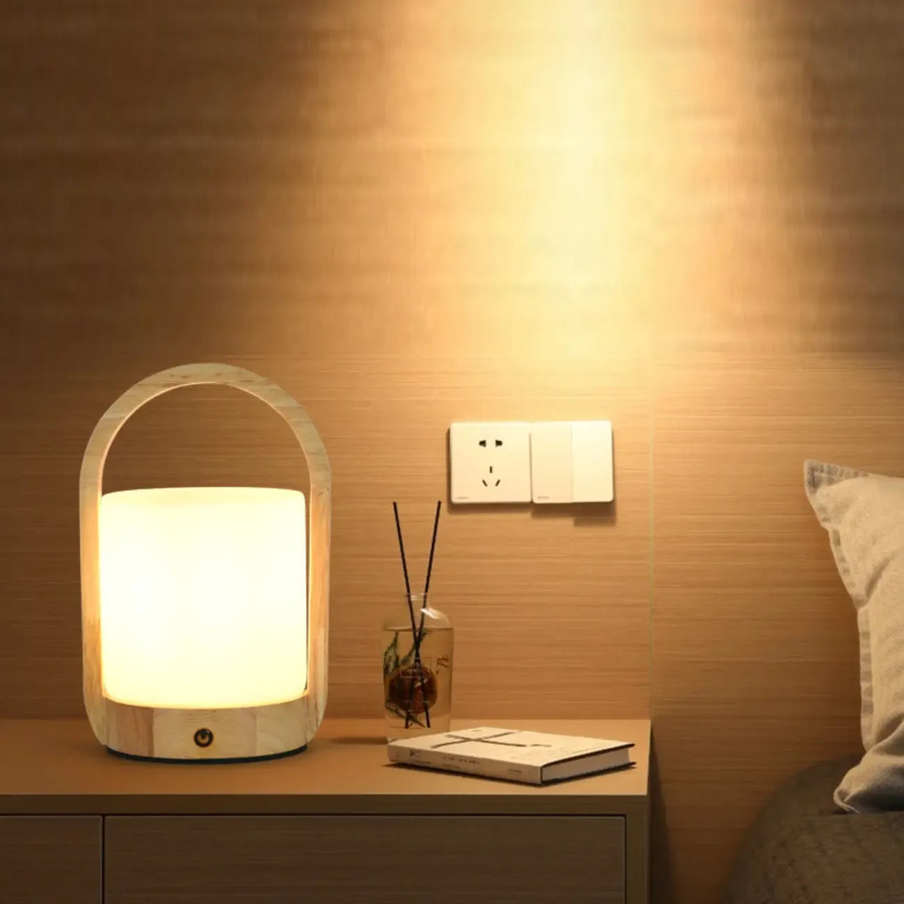 Natural Wood Barrel Glass Shade Cordless Table Lamp