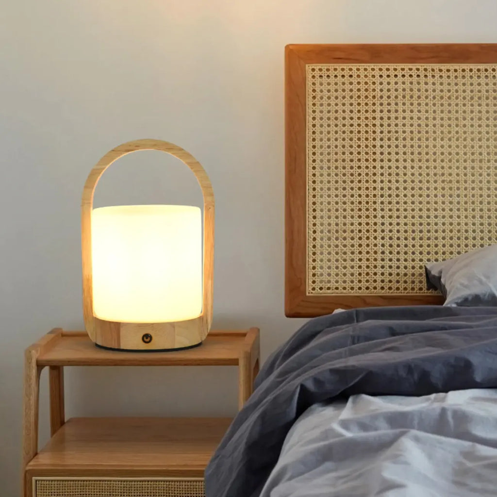 Natural Wood Barrel Glass Shade Cordless Table Lamp