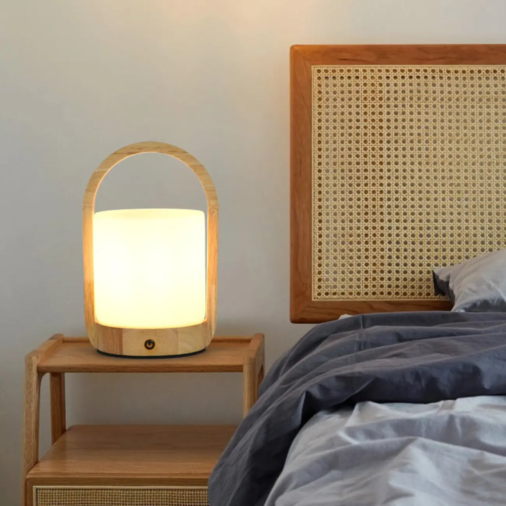 Natural Wood Barrel Glass Shade Cordless Table Lamp