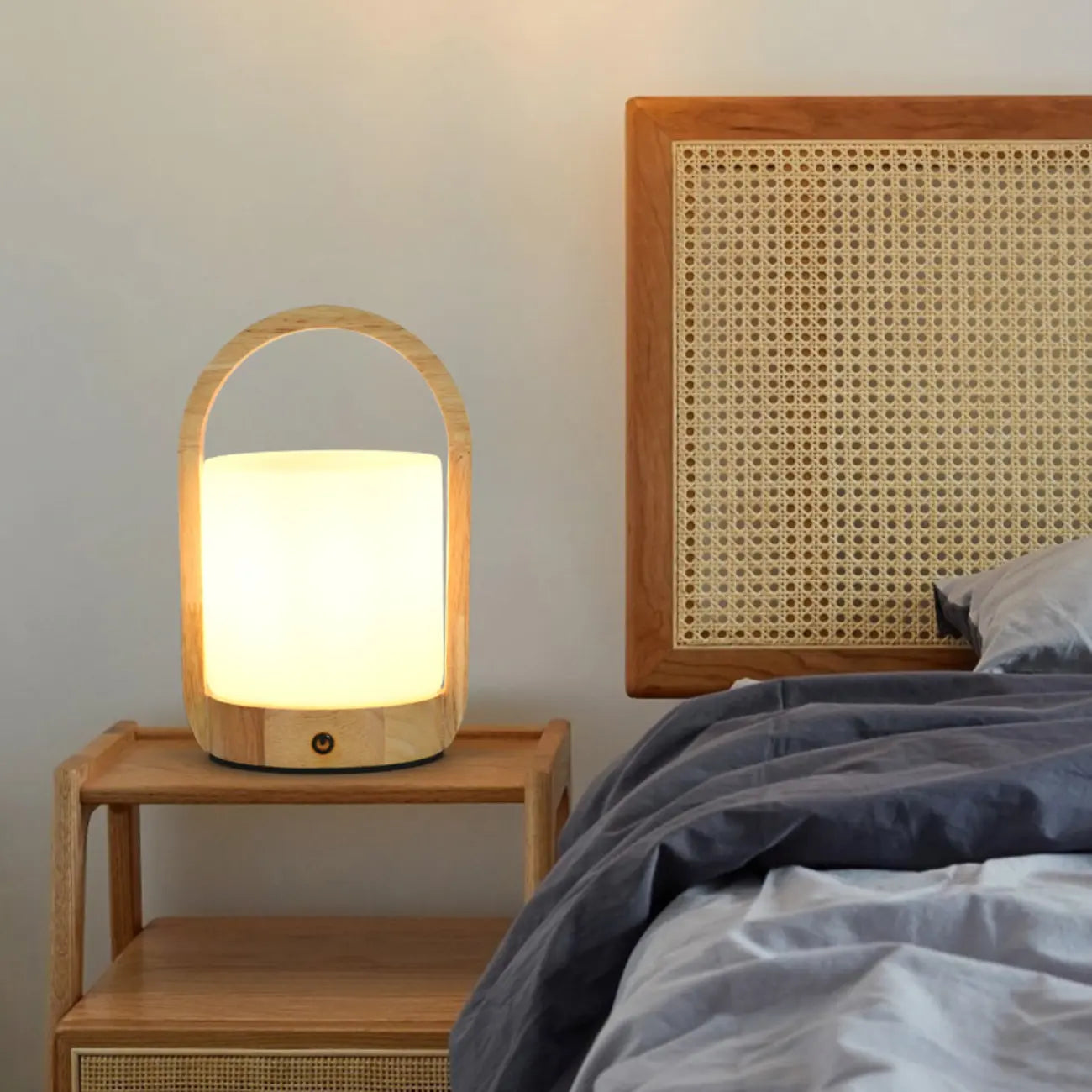 Natural Wood Barrel Glass Shade Cordless Table Lamp