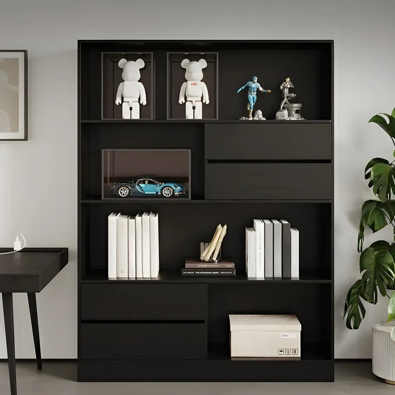 Contemporary Wood Multi-Shelf Black Storage Bookcase