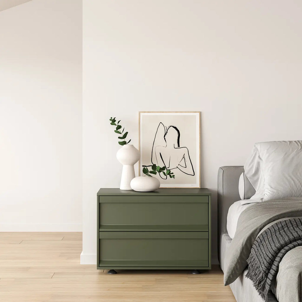 Contemporary Wooden Neat Line Olive Green 2 Drawer Nightstand