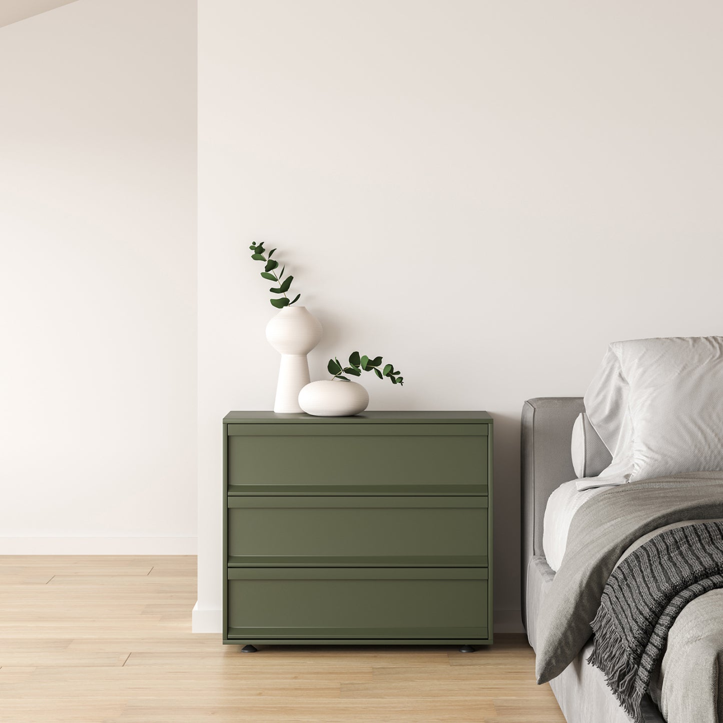 Contemporary Wooden Neat Line Olive Green 2 Drawer Nightstand