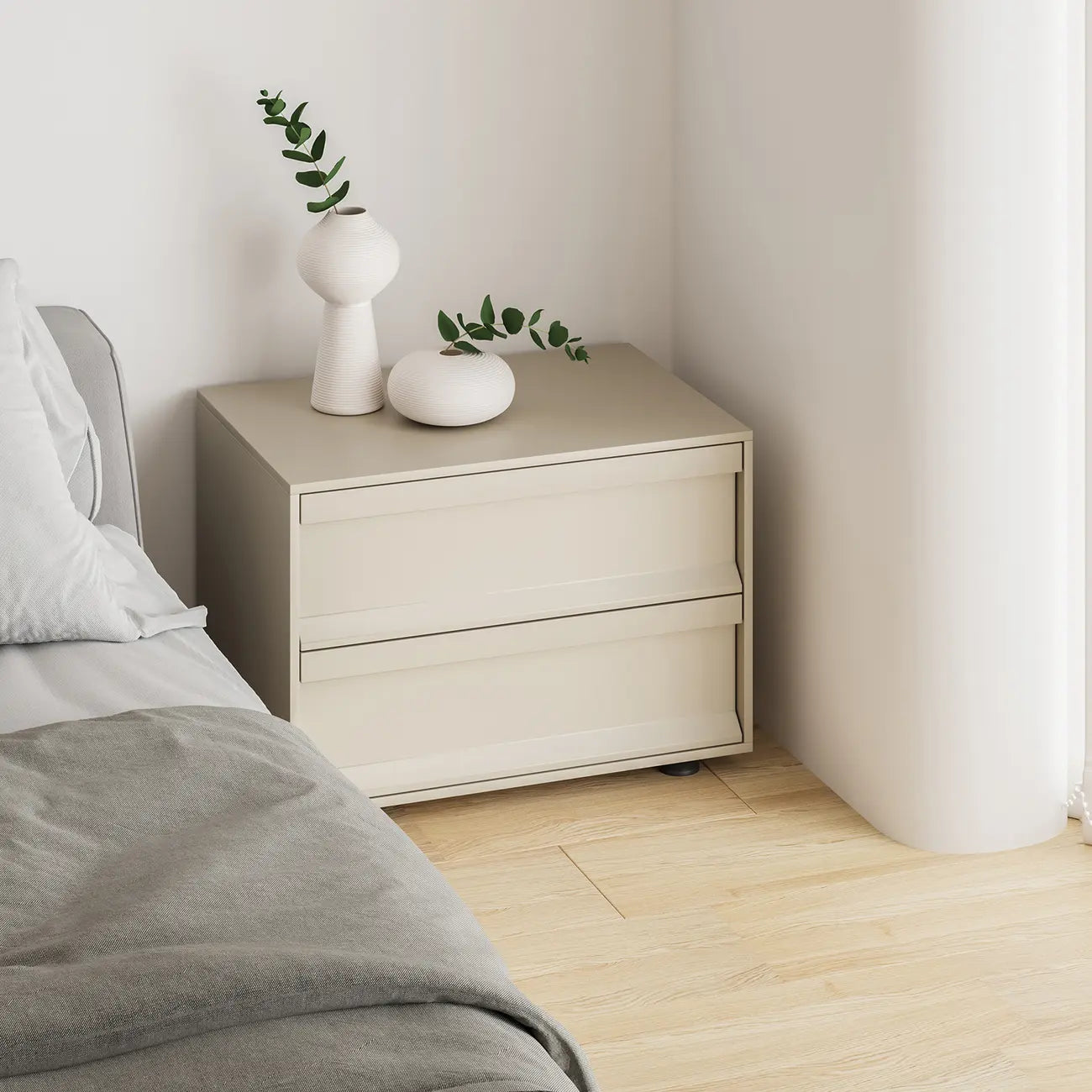 Contemporary Wooden Neat Line Olive Green 2 Drawer Nightstand