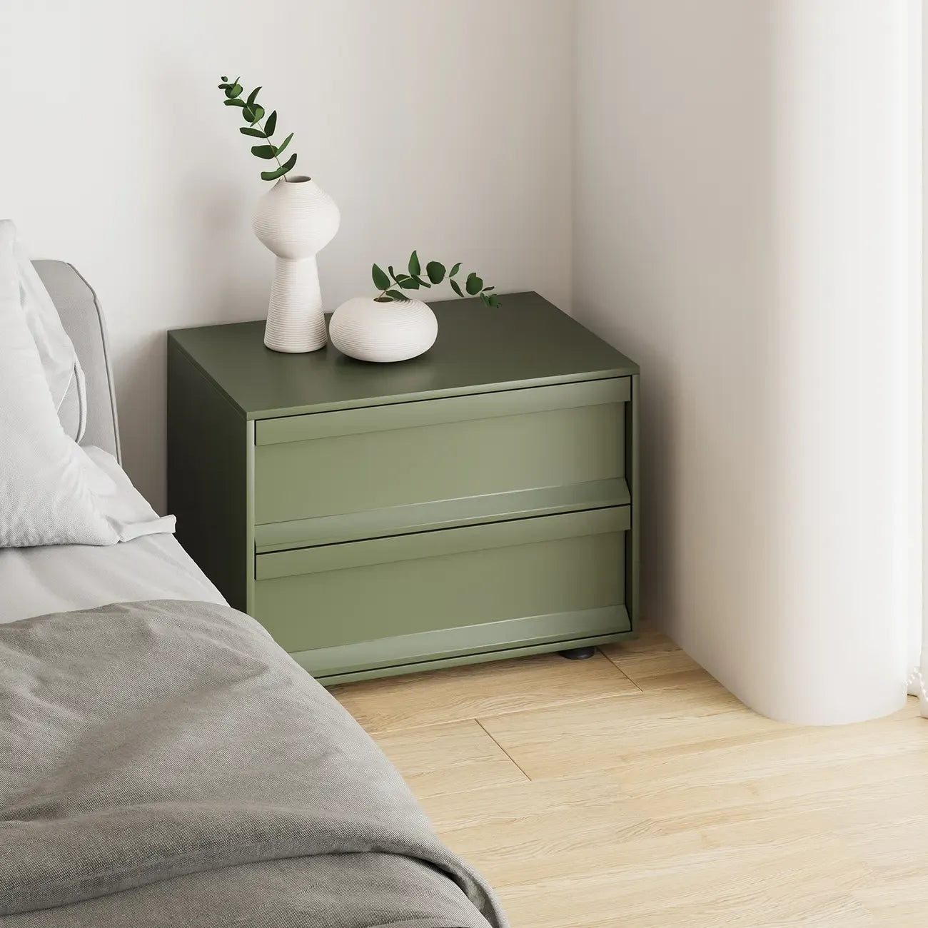 Contemporary Wooden Neat Line Olive Green 2 Drawer Nightstand