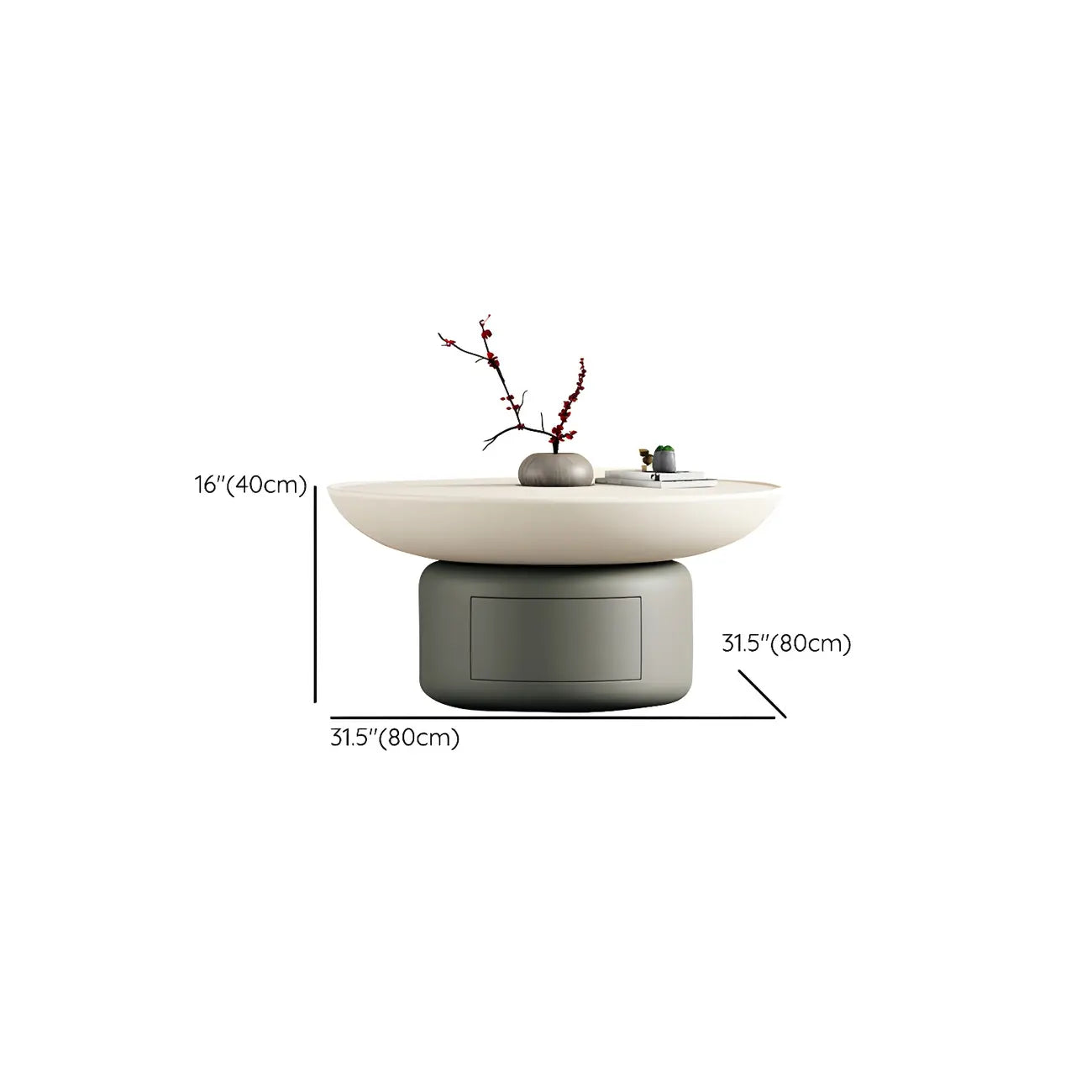 Gray White Round Minimal Wood Coffee Table with Drawer