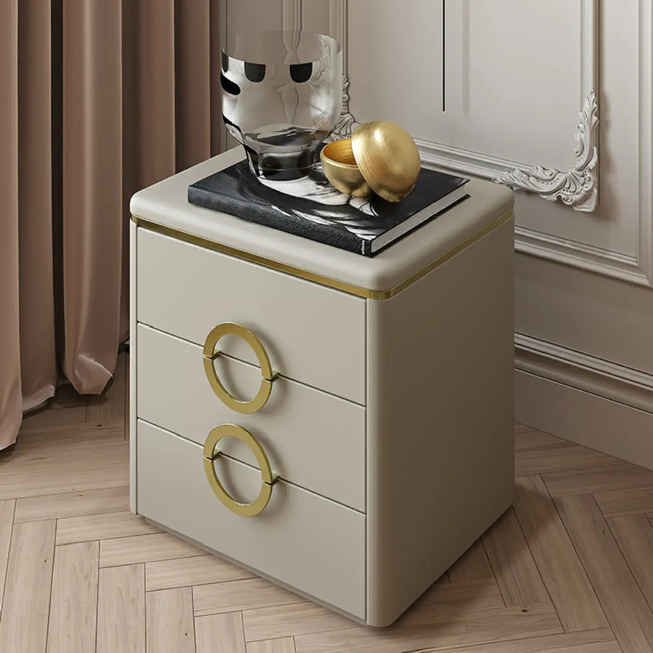 Elegant Faux Leather Metal Accent 3 Drawers Nightstand