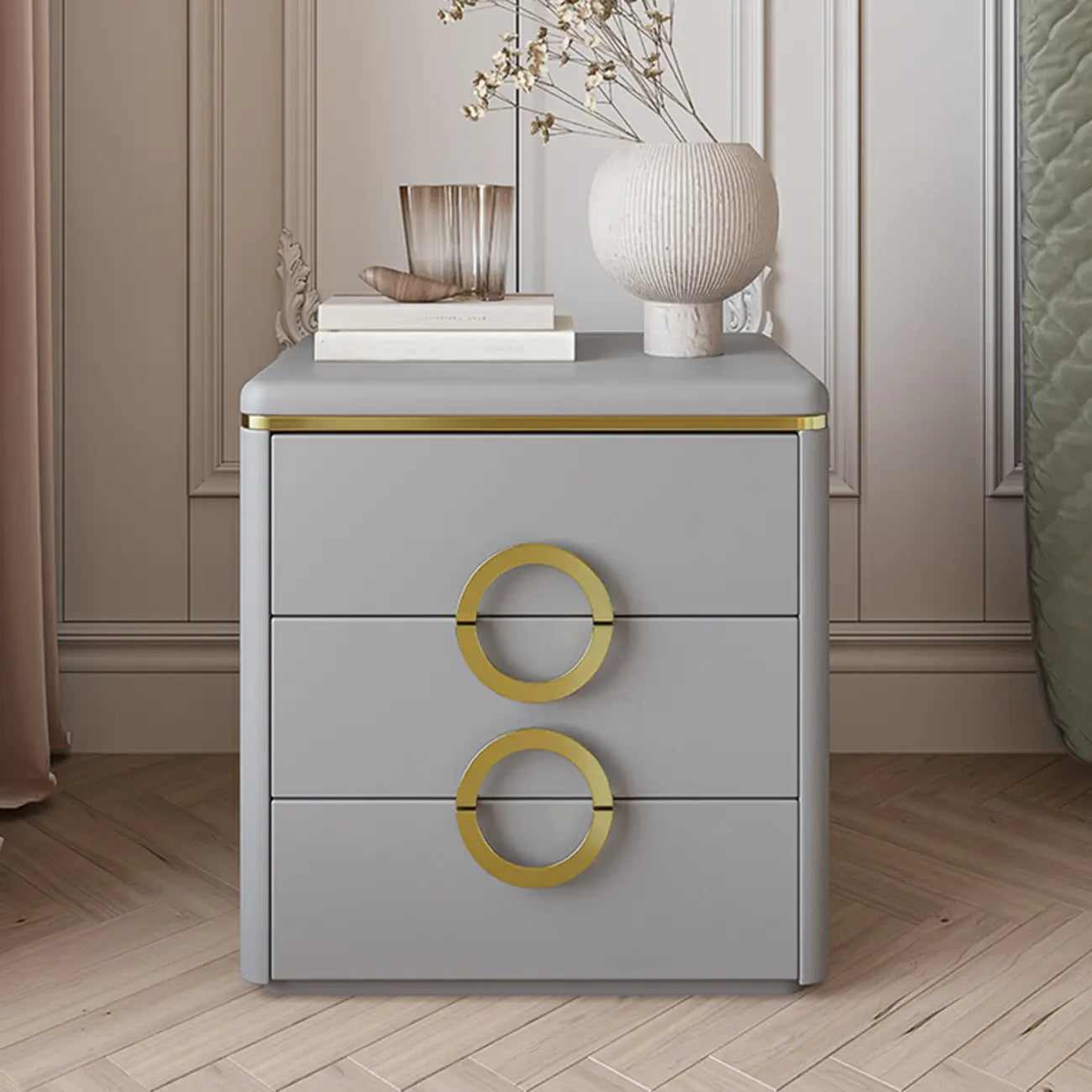 Elegant Faux Leather Metal Accent 3 Drawers Nightstand