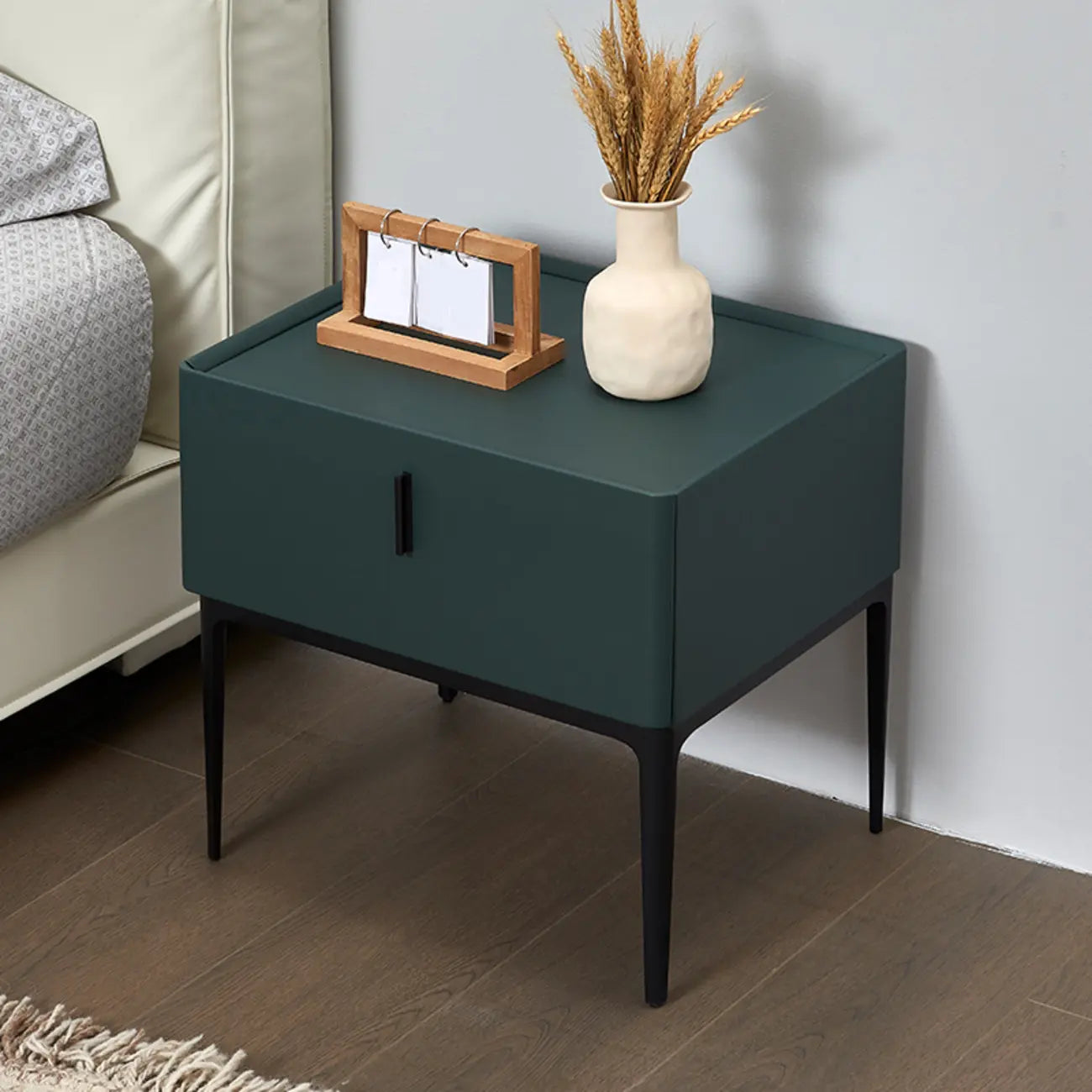 Contemporary Beige Faux Leather 4-Leg Drawer Nightstand