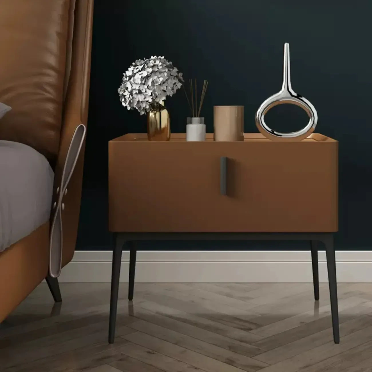 Contemporary Beige Faux Leather 4-Leg Drawer Nightstand