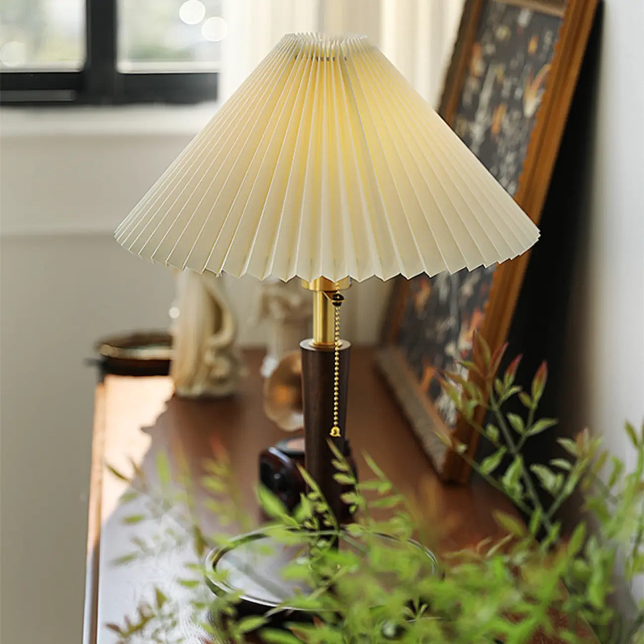 Small Walnut Wood Fabric Umbrella Table Lamp for Bedroom